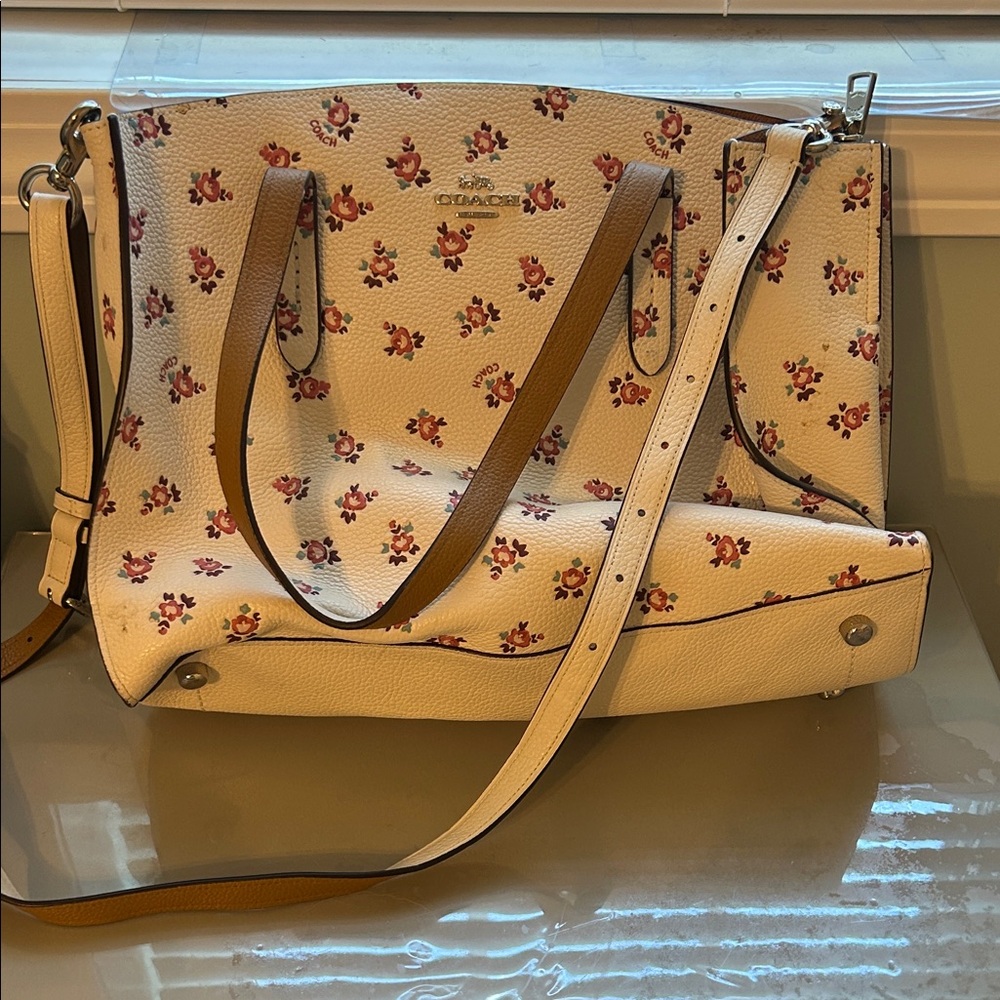 Coach White and Tan Tote with Floral Design